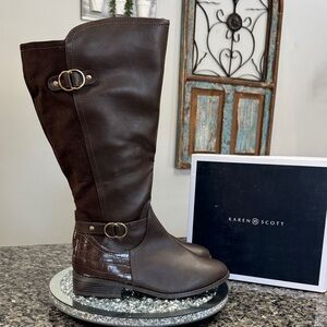Karen Scott dark Brown Knee-High Boots croc heel with Gold Buckles NEW  12W /XWC